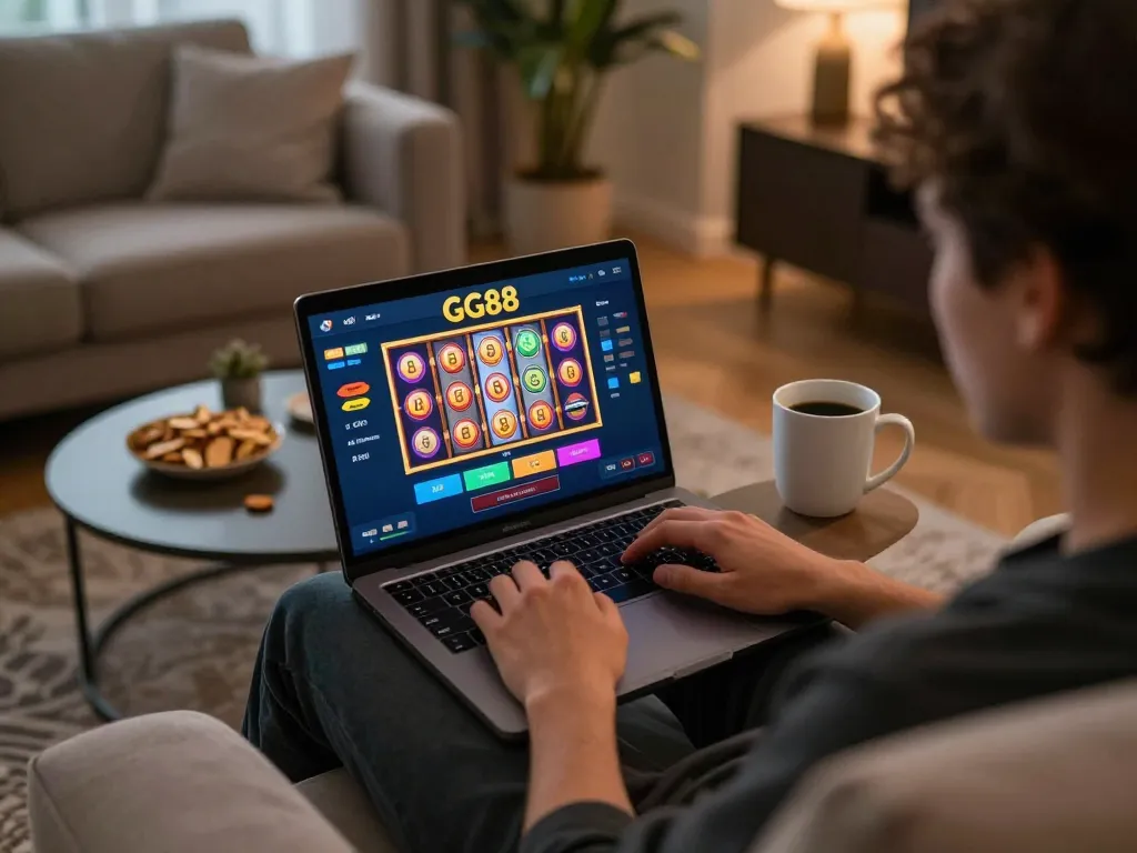 Engaging in online gambling with GG88 app on laptop in a cozy home setting.