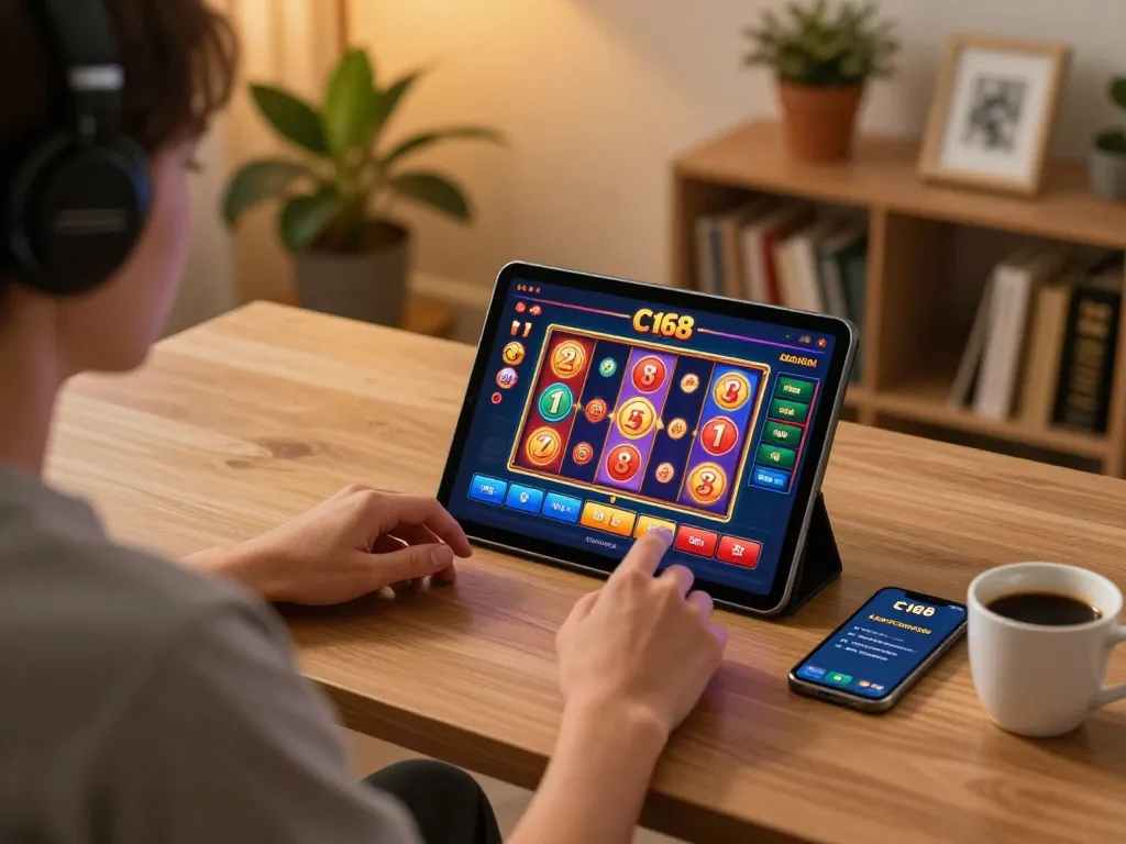 C168 player enjoying a dynamic online gaming experience on a tablet with engaging slot games visible.