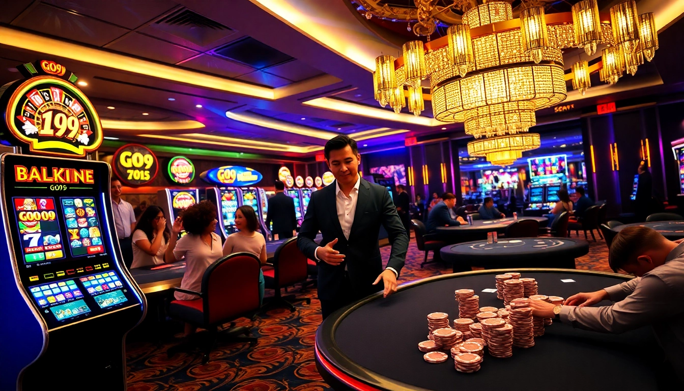 Exciting GO99 gaming scene showcasing vibrant casino atmosphere with slot machines and poker tables.