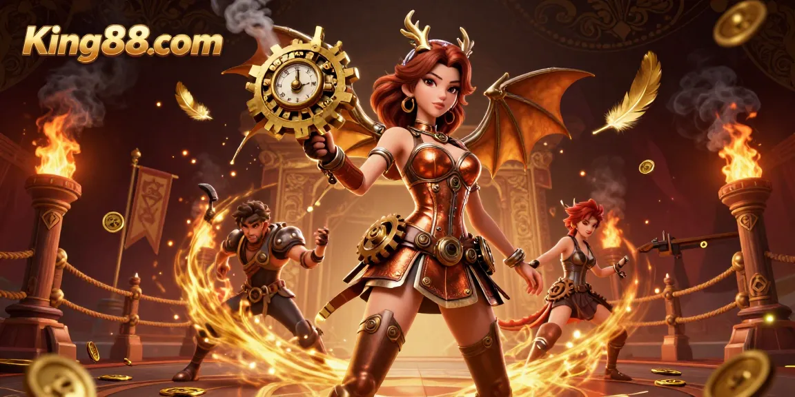 Engage in thrilling play at King88com, featuring a spectacular steampunk scene with gold coins and vibrant casino elements.