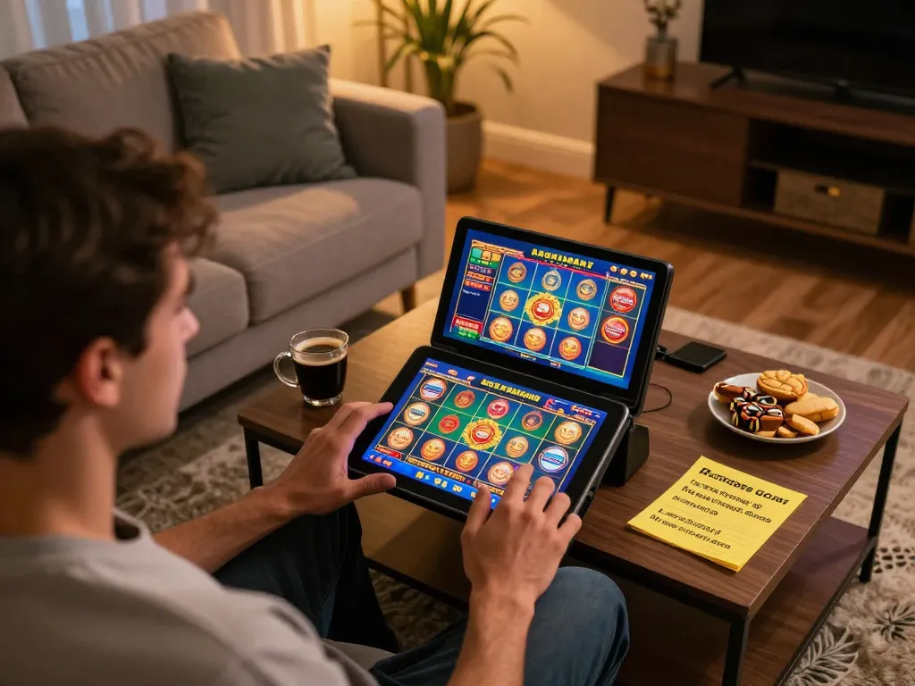 Player engaging with online slots on tablet in cozy home setting with o8net3 gaming notes nearby