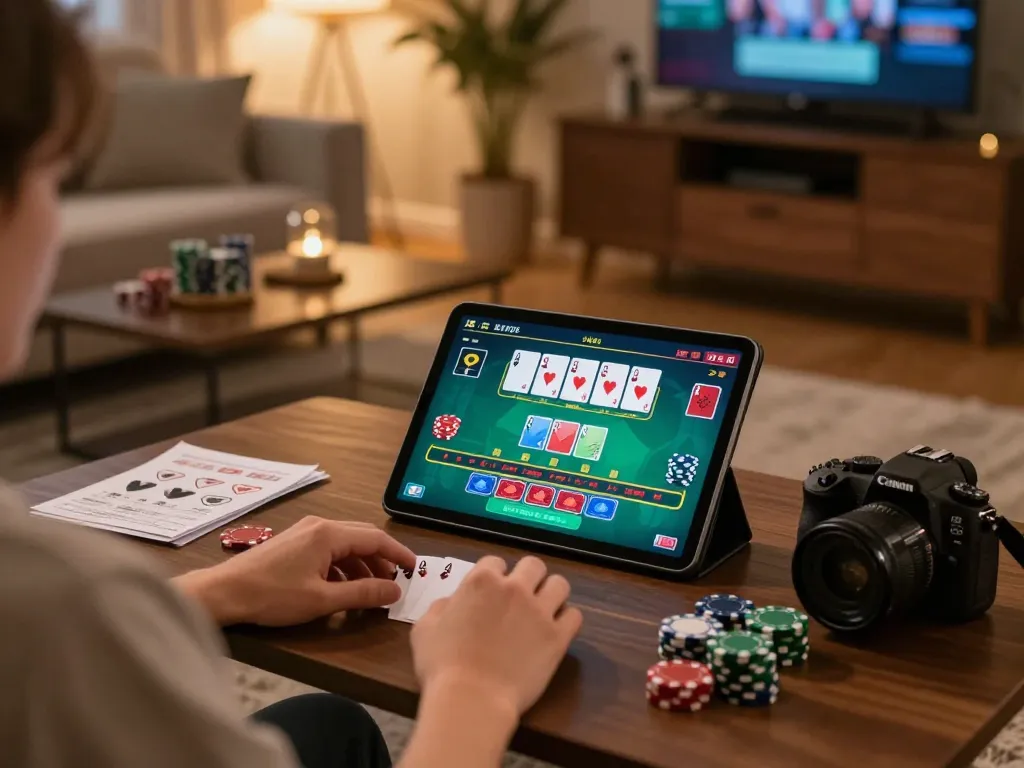 fly88 player engaged in online blackjack on tablet, showcasing strategic gaming notes and a cozy atmosphere