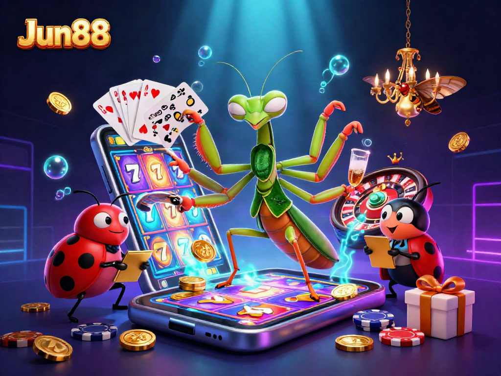 Experience thrilling action at Jun88 casino with a giant praying mantis card sharp and vibrant casino elements.