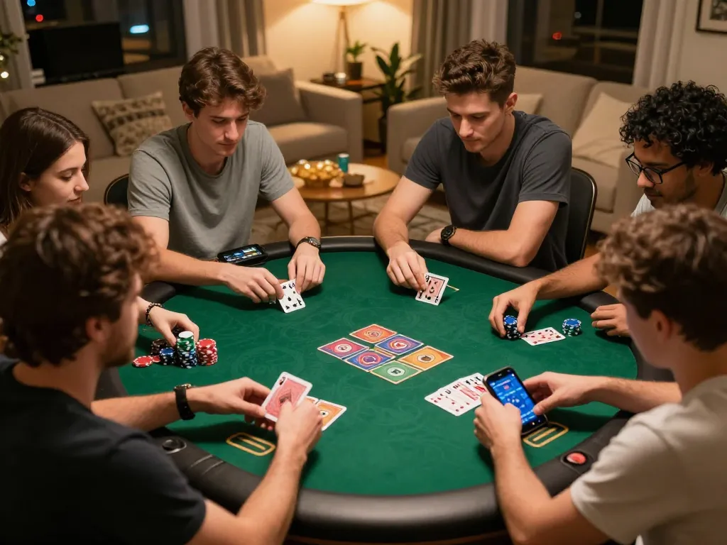 Friends enjoying an online poker game at home with SC88 Com on display, showcasing strategic gameplay and social bonding.
