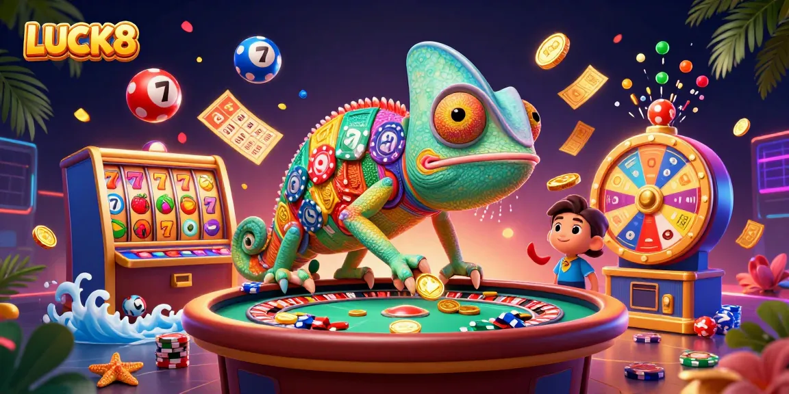 LUCK8 chameleon owner snapping golden coins amidst slot reels and lottery balls in a vibrant casino scene.