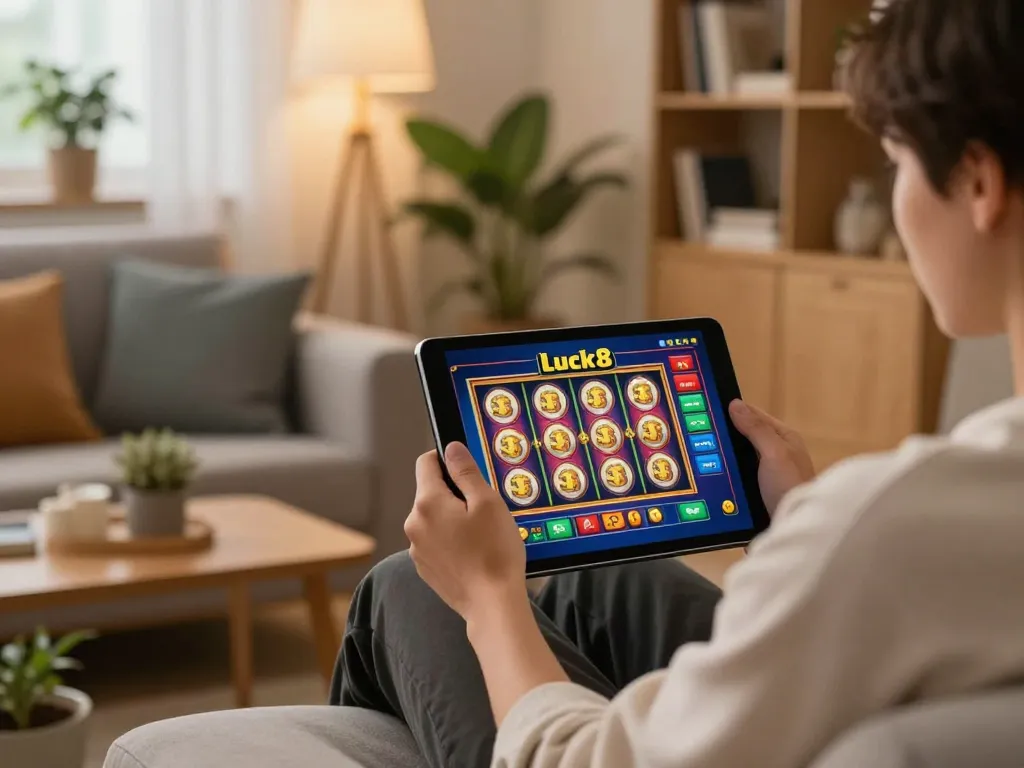 Player engaging with luck8 on a tablet, enjoying immersive casino experience in a cozy home setting