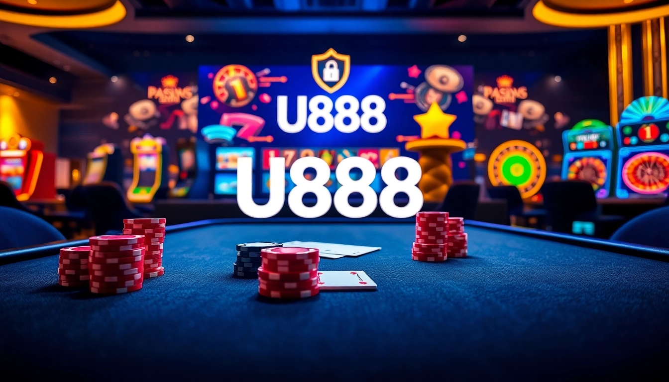 Experience thrilling gameplay at U888 with vibrant casino elements featuring slots and poker tables.