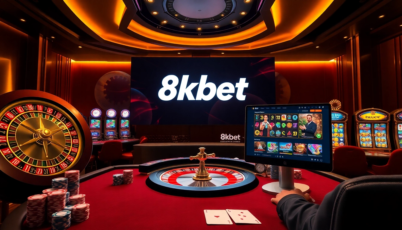 8kbet casino table showcasing spinning roulette and strategic poker chip stacks in professional play