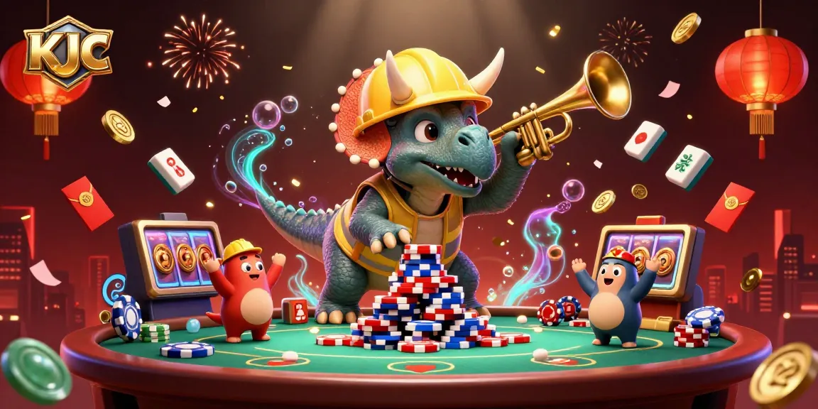 KJC players celebrating a jackpot with cheerful dinosaurs in a vibrant casino-themed illustration.