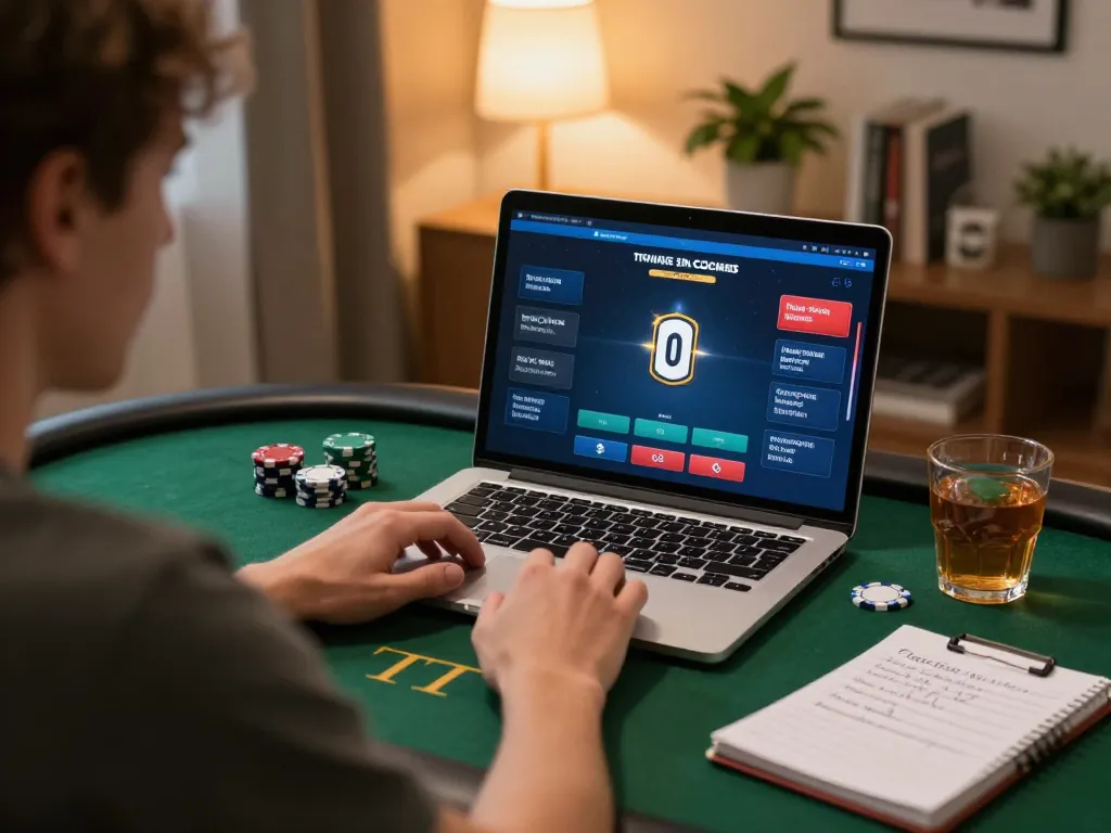 Engaging home online gaming scene showcasing a player on poker interface with 789wim.