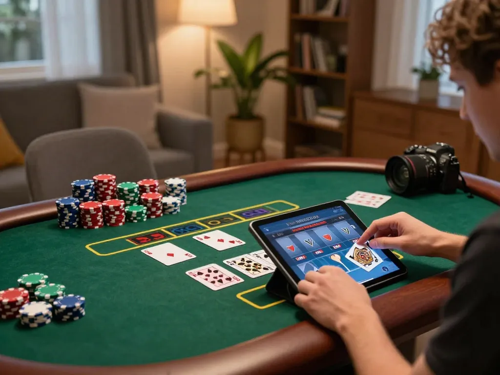 Player enjoying ALO8 live dealer game on tablet in a cozy home setting with poker chips visible