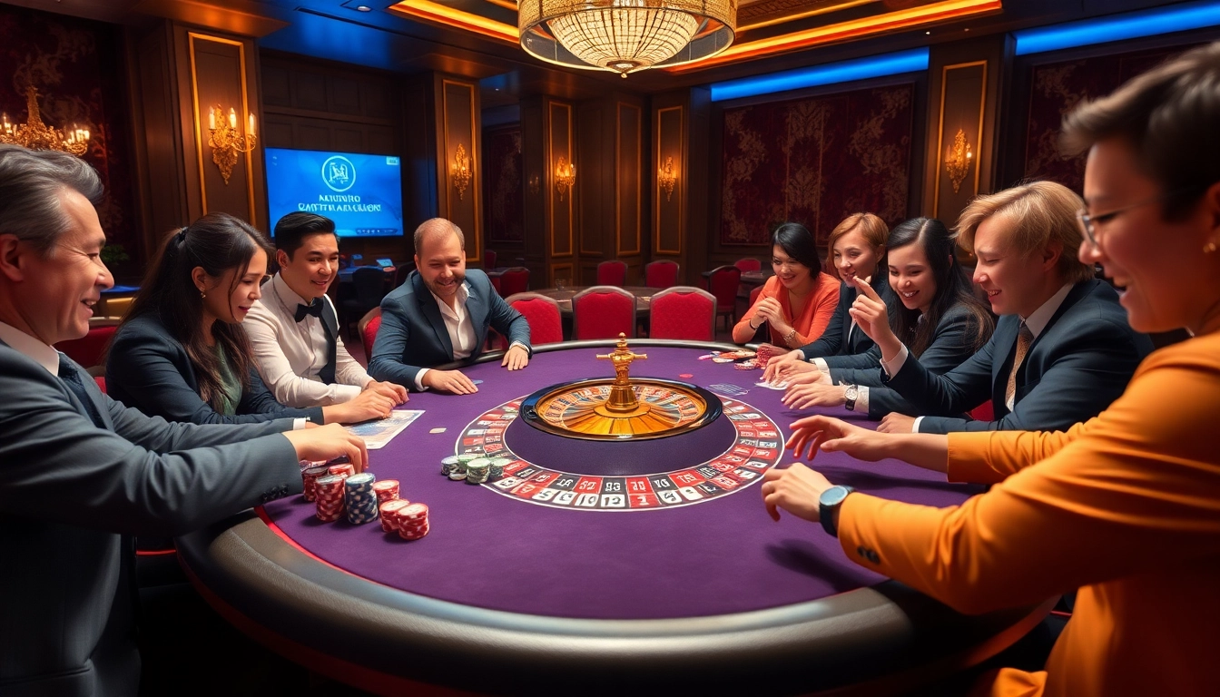 SX88 gaming table bustling with players, vibrant chips and cards create a thrilling casino atmosphere.