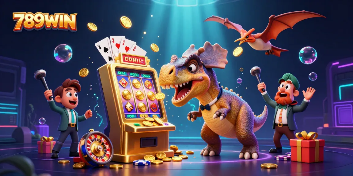 Catch the excitement at 789WIN as a pachycephalosaurus hits a golden slot machine, surrounded by thrilling casino elements.
