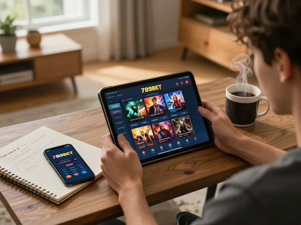 Player engaged on 789BET online casino app, showcasing strategic gaming setup with cozy ambiance.