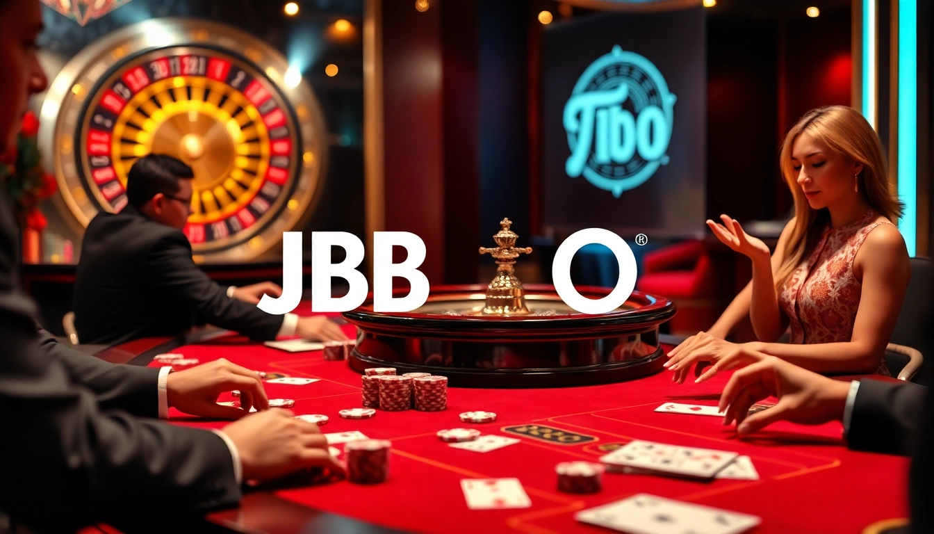 Players engaging in intense casino action at JBO-branded tables filled with cards and chips.