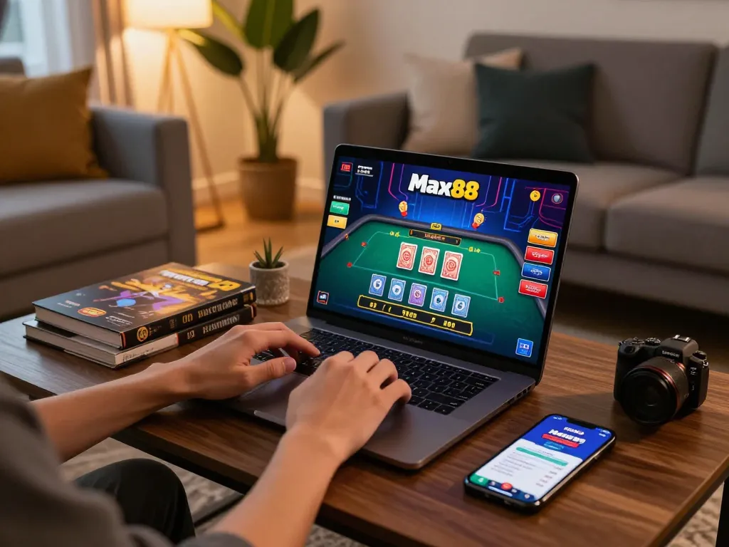 Engaging in online gaming at home with the Max88pro platform, showcasing strategic gameplay and a cozy environment.