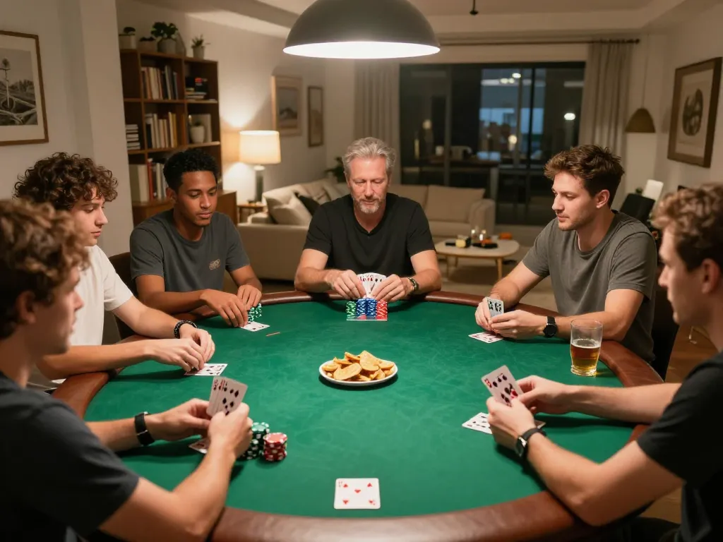 Players enjoying poker night at home while engaging with VIN88 gaming strategies.