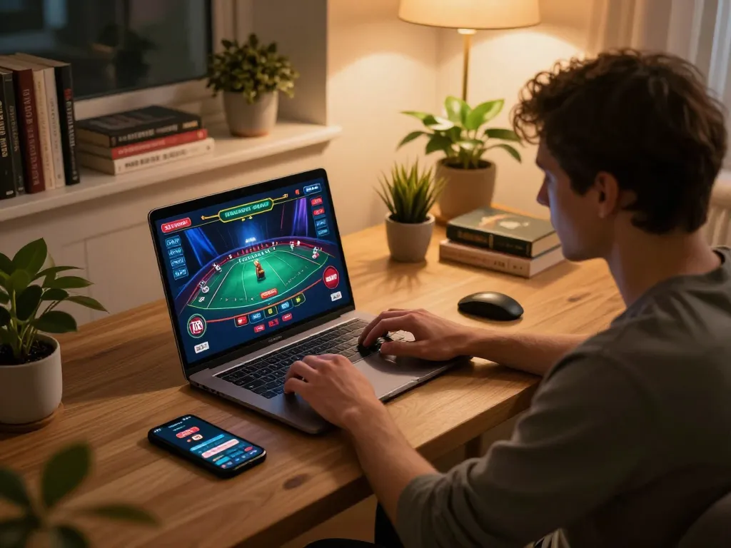 Duitgini user engaged in an online casino game at home, exemplifying responsible entertainment.