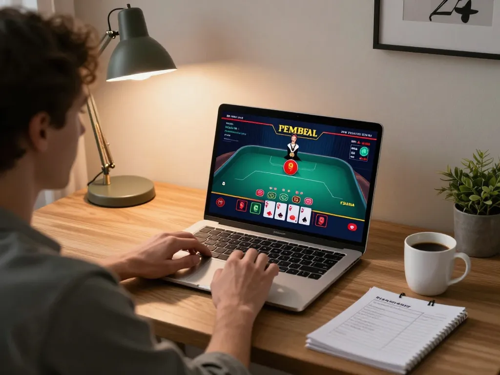 Engaging online blackjack game on a laptop, showcasing mb668 gaming strategies in a cozy home office