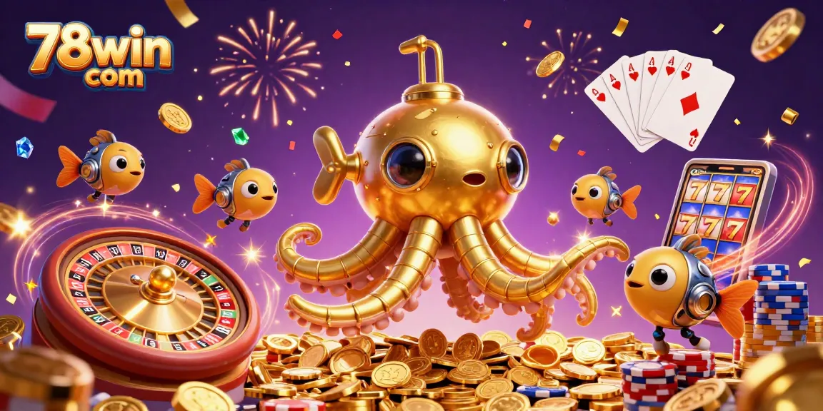 Experience the thrill of 78win com with a vibrant 3D illustration of a golden kraken and treasures.