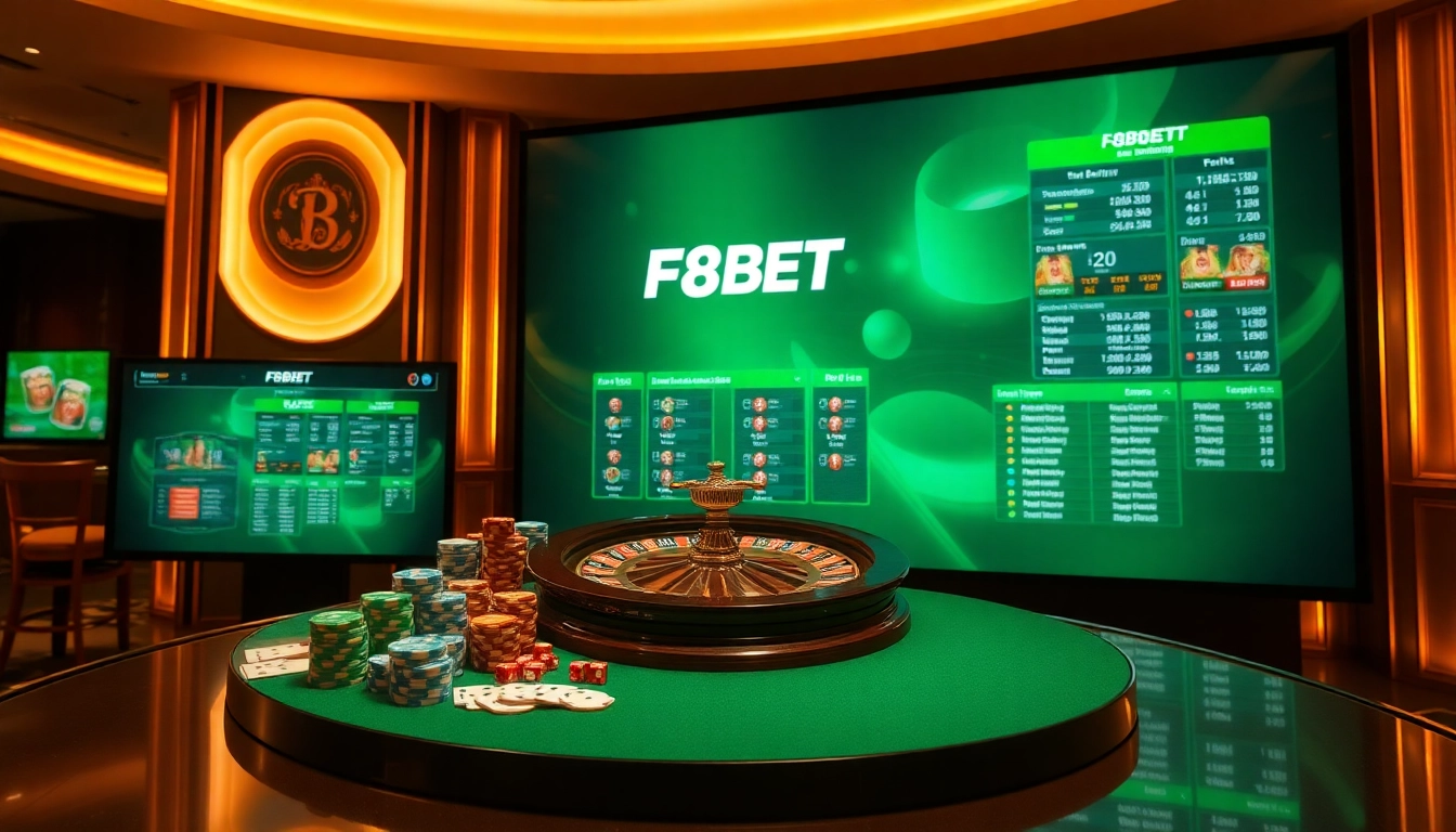 F8BET online casino with poker chips, cards, and a roulette wheel in a luxurious setting.