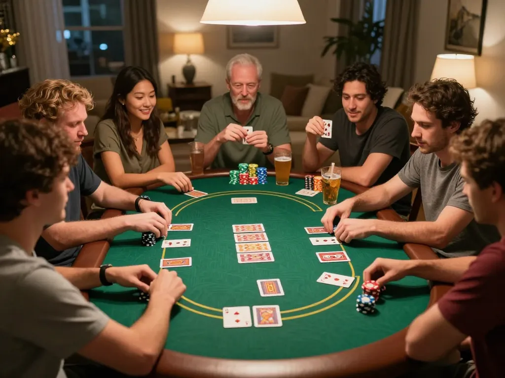 Friends enjoying a poker night at home, engaged in strategic gameplay with O8 chips visible.