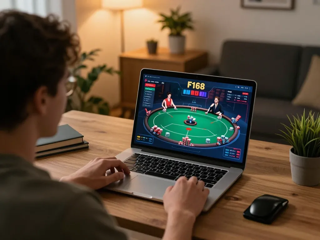 Player engaging in F168 online poker from home, showcasing cozy atmosphere and gaming setup