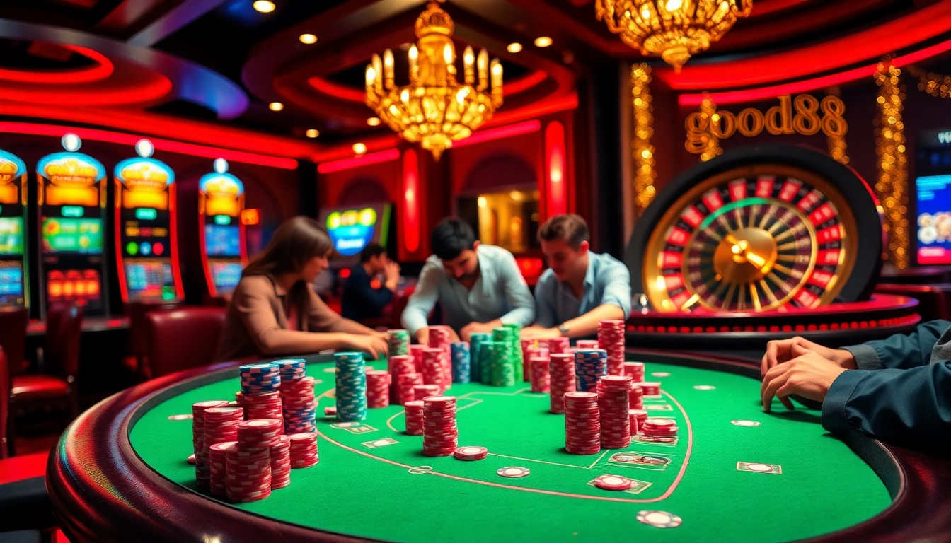 Intense poker action with gamblers enjoying games at Good88 casino.