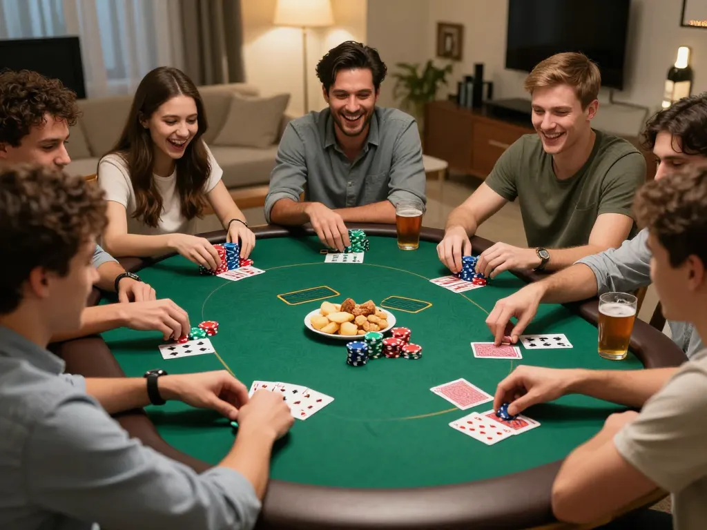 Players enjoying an engaging poker night at home with 11bet strategy discussions and colorful chips.