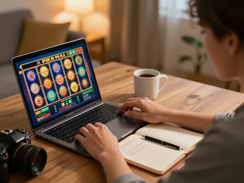 Engaging in SKY88 bet on slot games with a cozy home setup, showcasing strategic gameplay.
