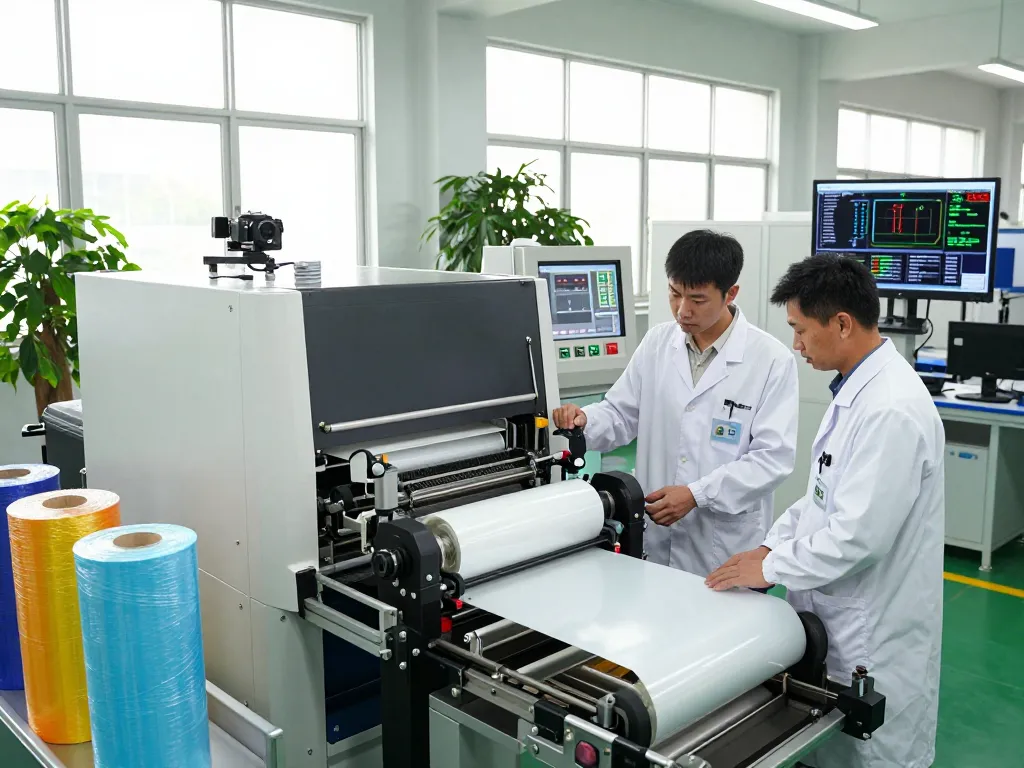 Engineers inspecting mb666 film packaging machines in a bright production facility.