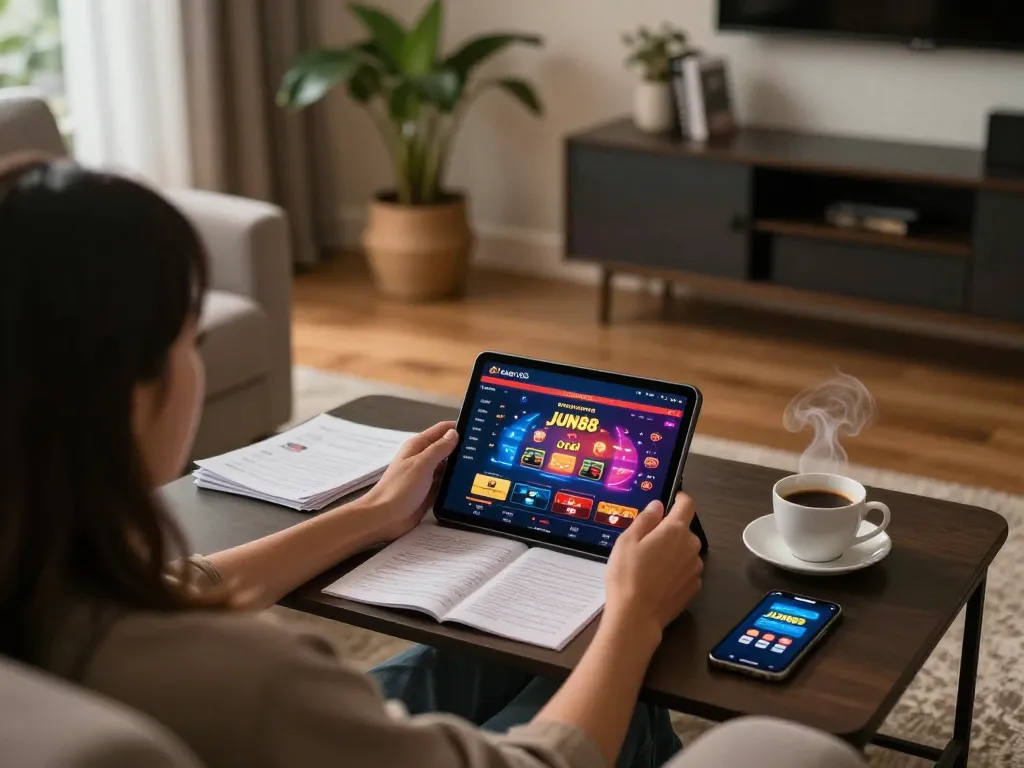 Engaging with the JUN88 casino app on a tablet, showcasing a stylish online gaming setup at home.