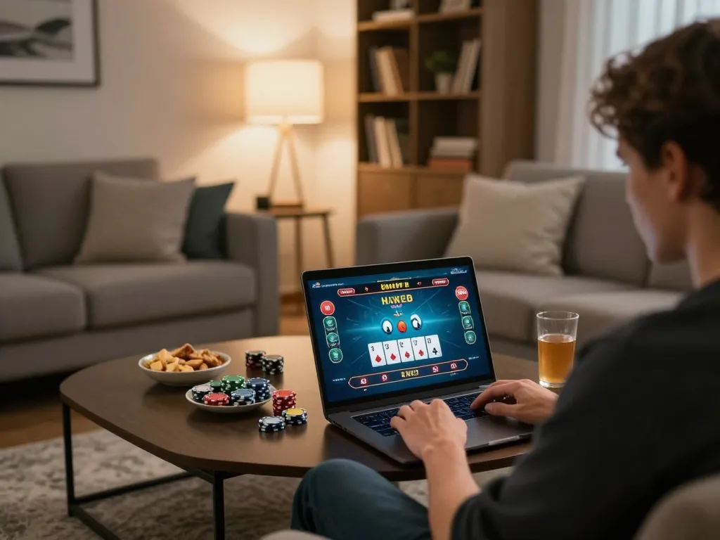 Engaging online poker gameplay at home featuring vin88a on laptop with cozy decor.