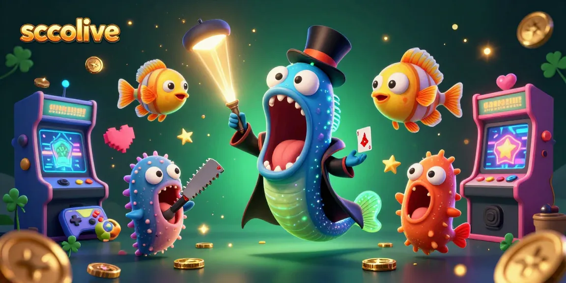 Socolive's luminescent eel magician captivates with card tricks amidst a vibrant casino scene.