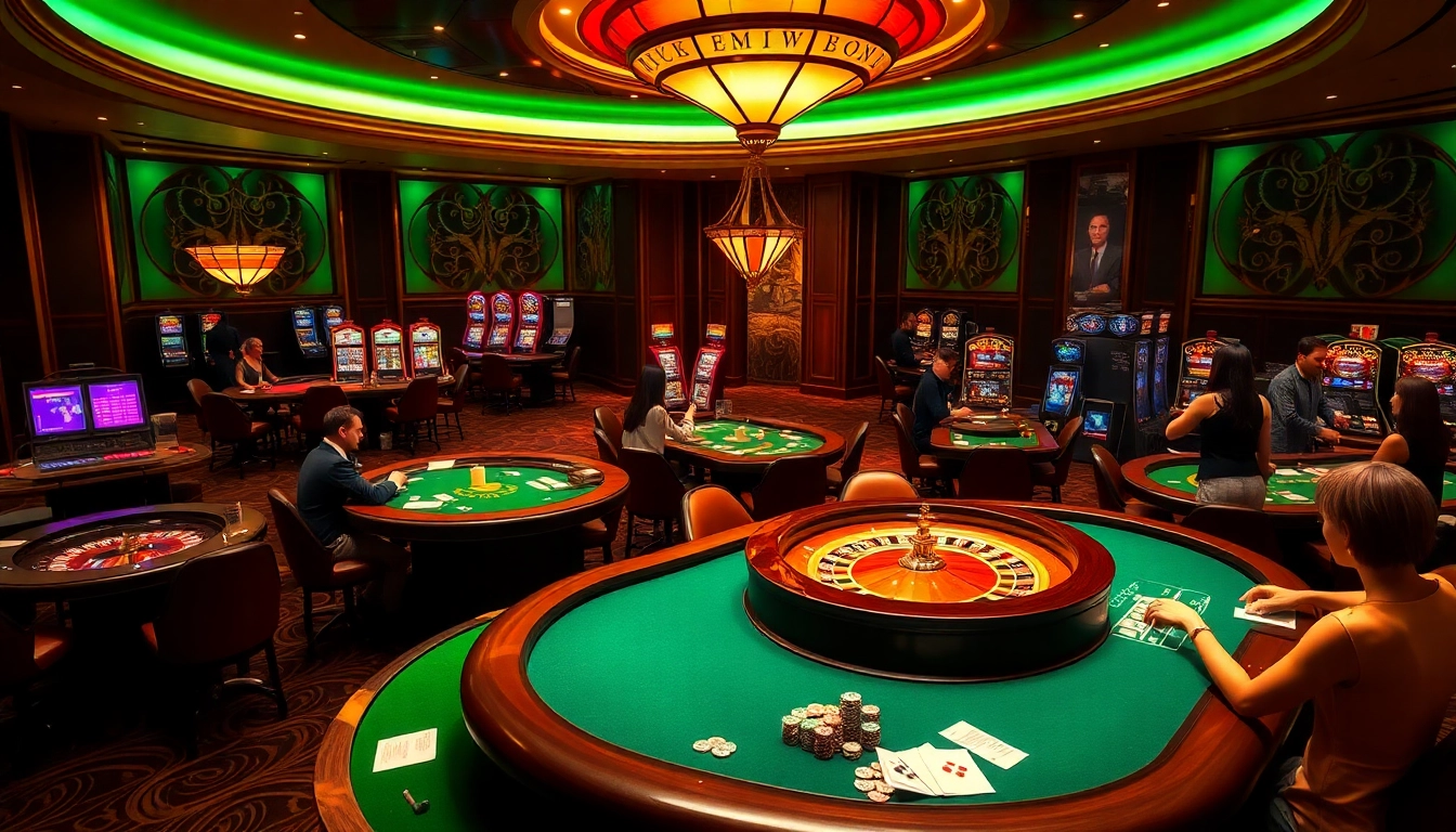 Engage in thrilling gameplay at 58win.vn.us.com featuring a luxurious casino scene with roulette, poker, and slot machines.