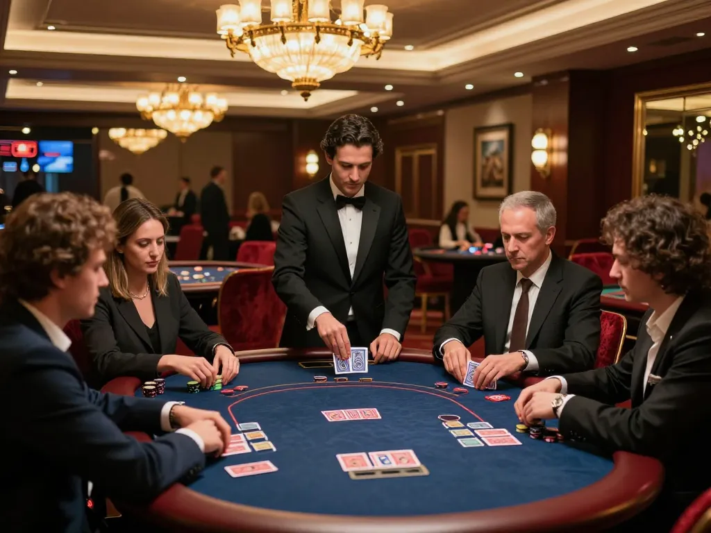 Dabet VIP poker area with players preparing for a game, showcasing high stakes competition