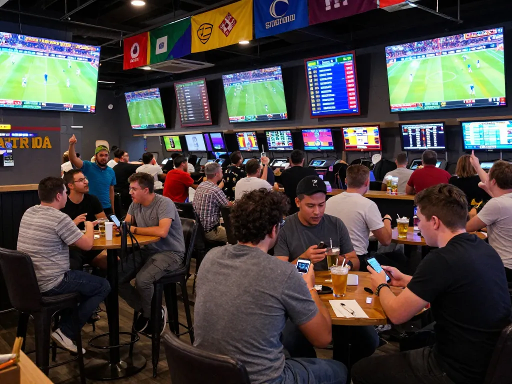 Patrons strategizing their bets while enjoying live sports at F88bet sports bar.