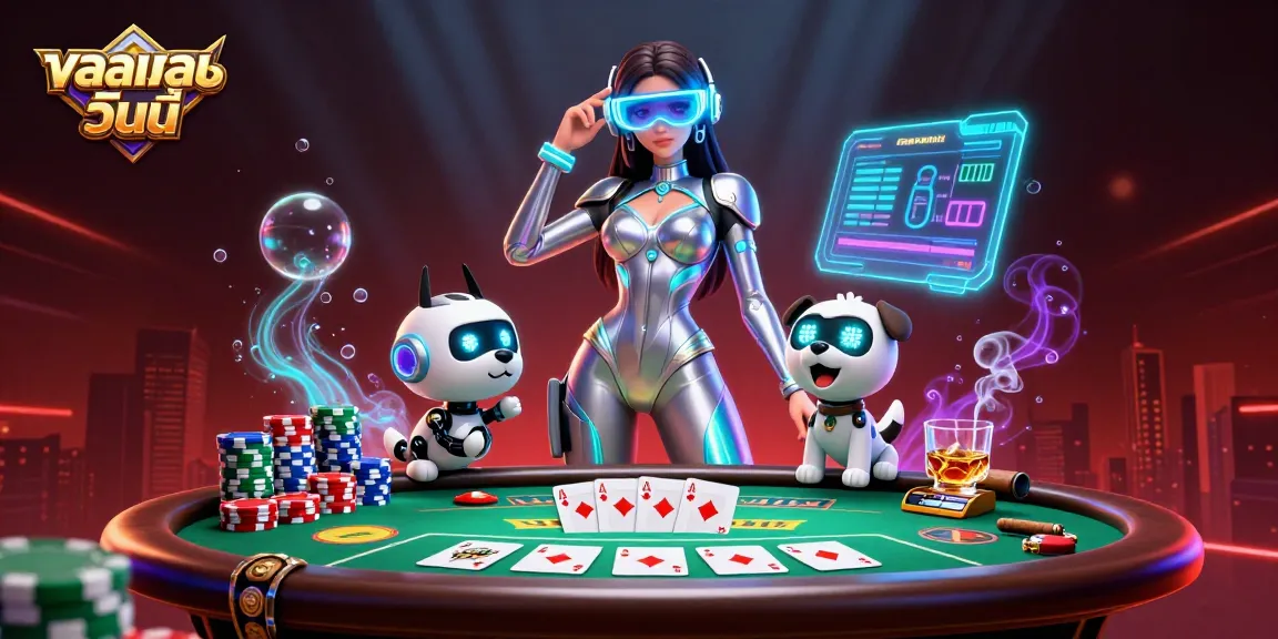 Bet on ผลบอลวันนี้ with a digital casino illustration showing a futuristic woman and robot dog amidst vibrant gaming elements.