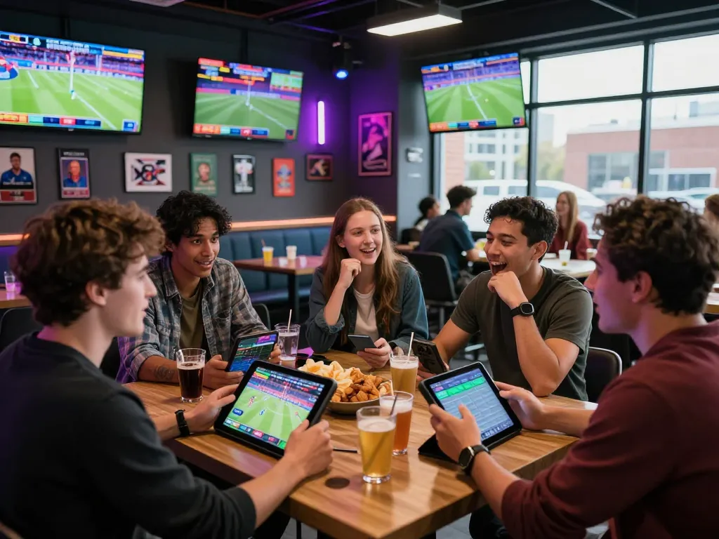 Friends enjoying zbet sports betting experience in a lively lounge