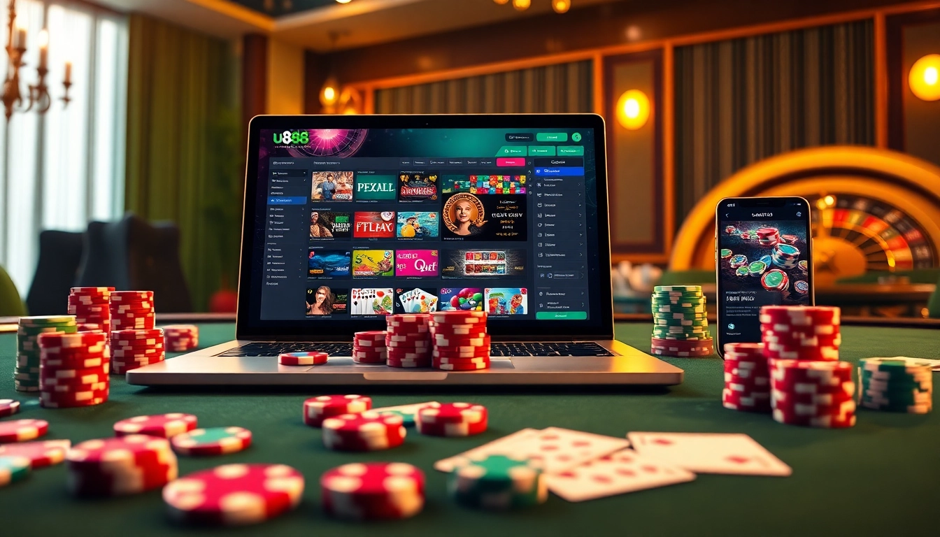 Experimente a emoção das apostas com a configuração vibrante de jogos de cassino da plataforma u888, apresentando fichas de poker e cartas.