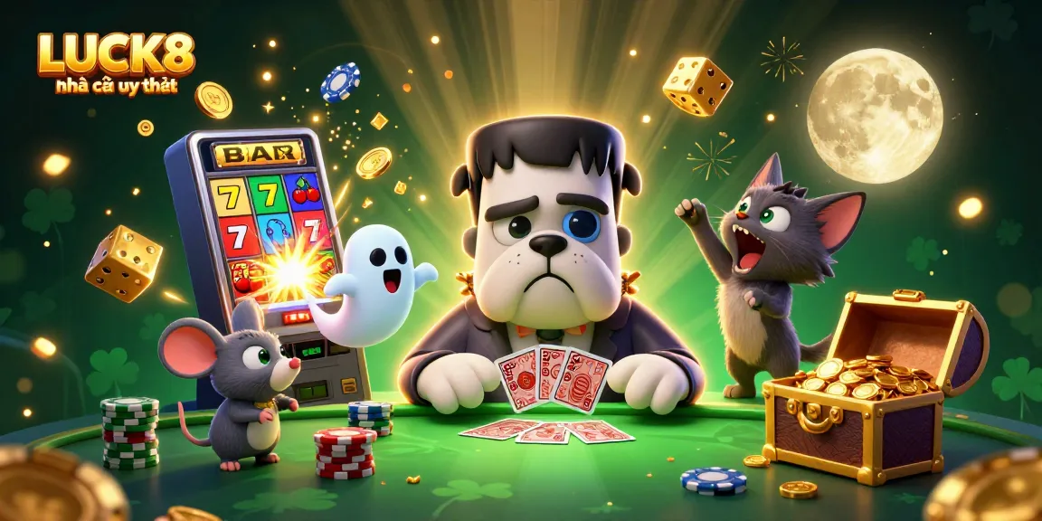 Experience LUCK8 nhà cái uy tín with an exciting illustration showcasing a vibrant, interactive casino atmosphere filled with characters and game elements.