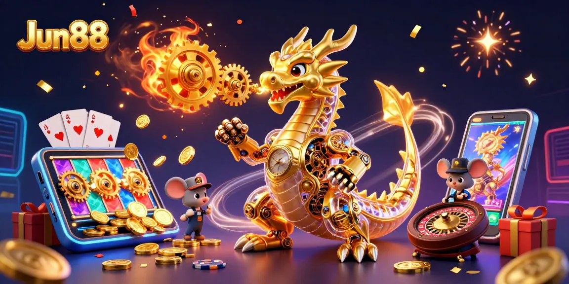 Engage with thrilling Jun88 fun as the golden dragon breathes gears amidst gaming excitement.