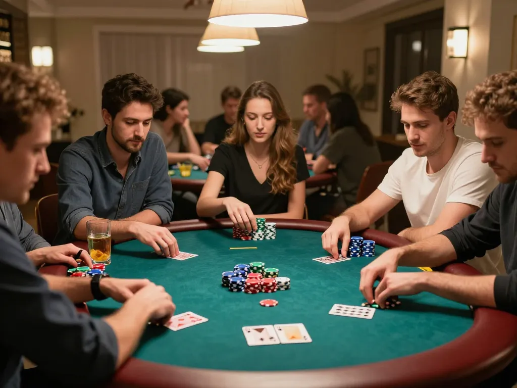 Nohu90 players enjoying a lively poker night with friends, focused on cards and strategy.