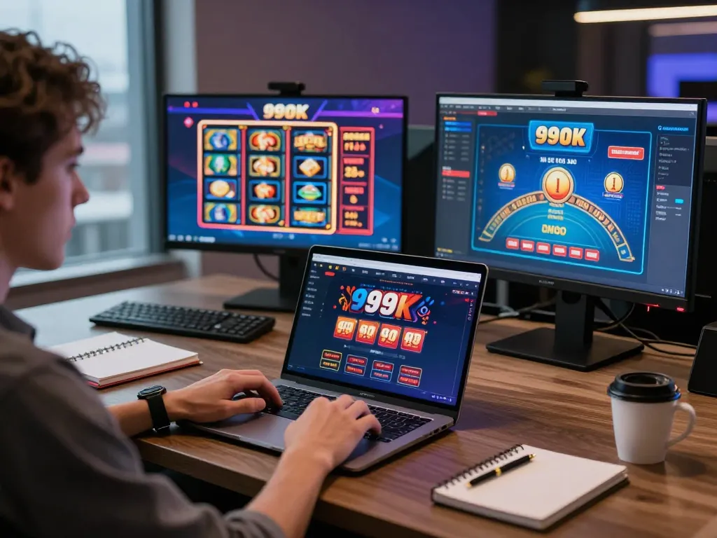 Player engaging with the 99ok online casino on a laptop, showcasing strategic gameplay moments
