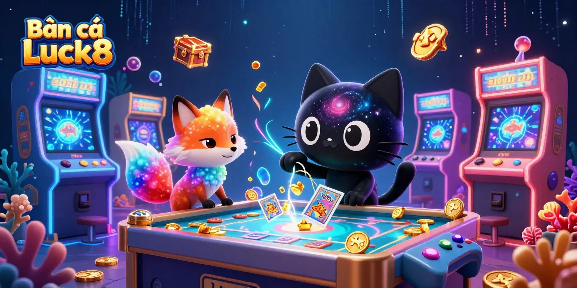 Bắn cá Luck8 showcases a vibrant cosmic fishing adventure with animated characters and underwater treasures.