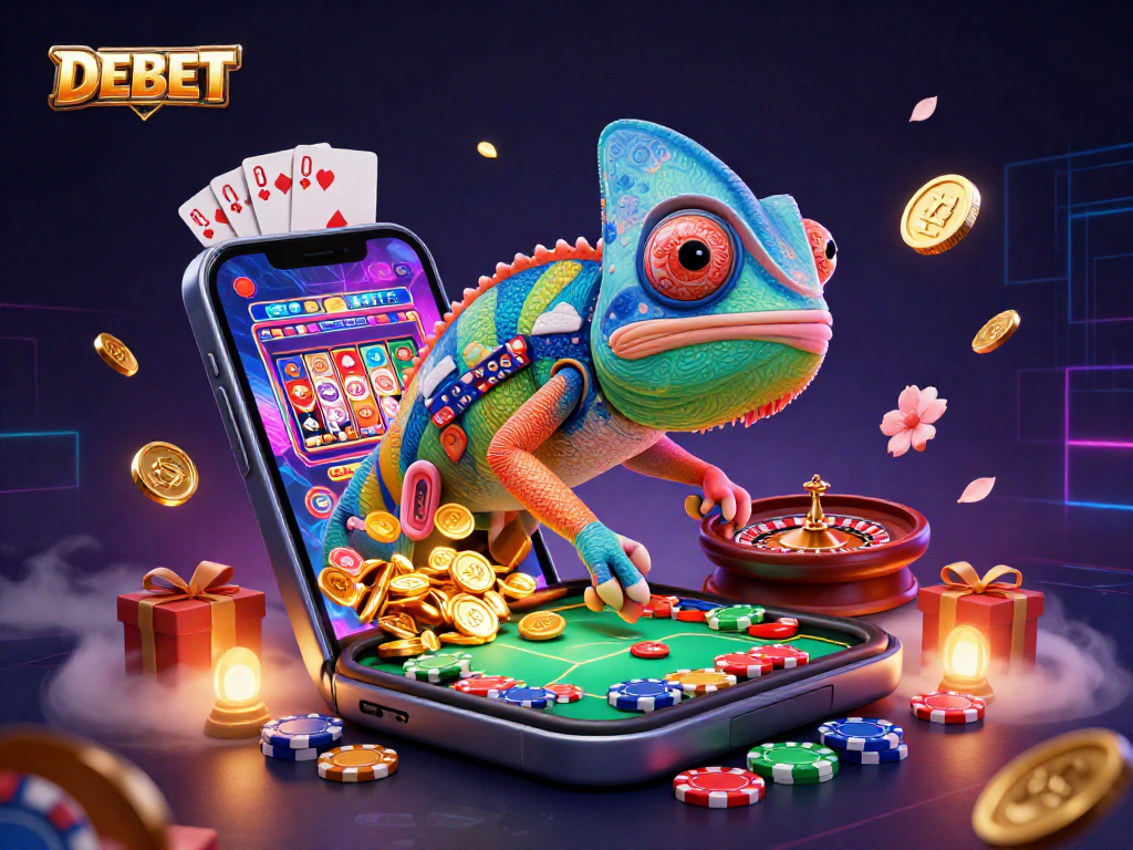 Engage with DEBET's casino excitement through a vibrant 3D illustration highlighting games and rewards.