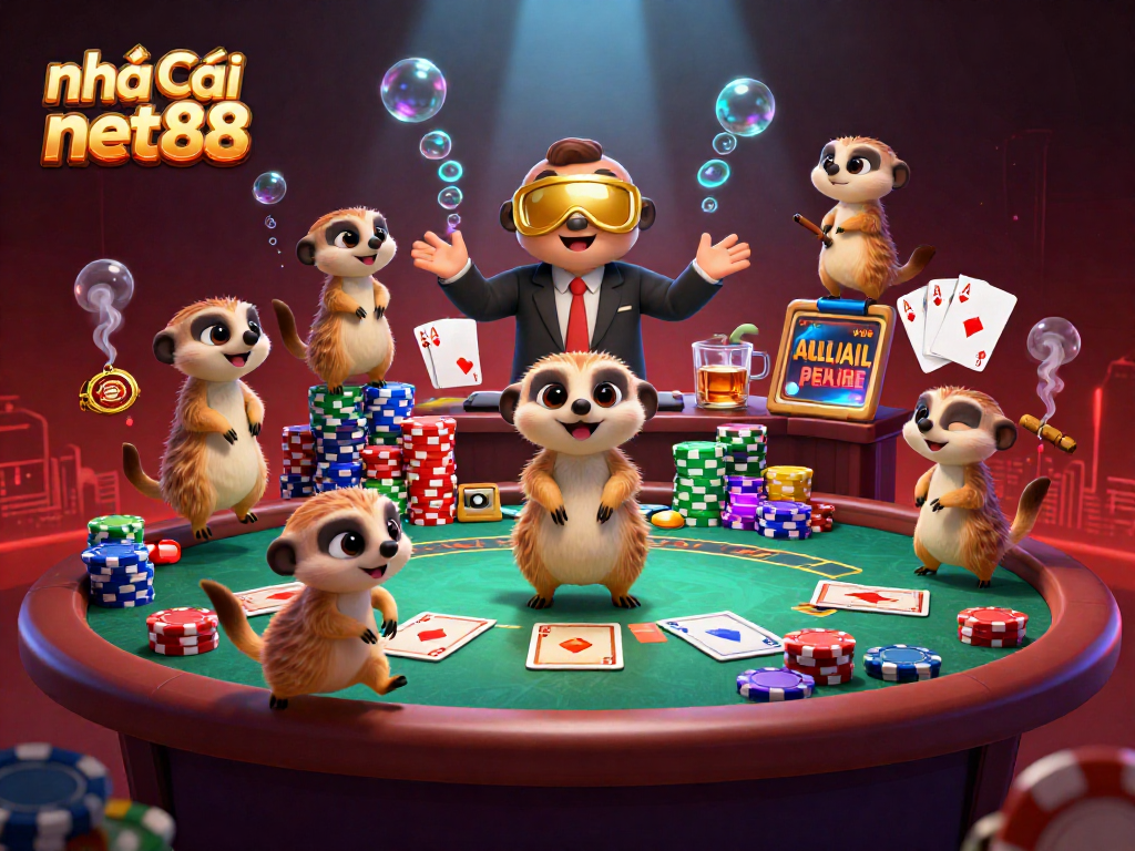 Engaging scene of nhà cái net88 with meerkats in a colorful casino, showcasing poker action and vibrant gaming atmosphere.