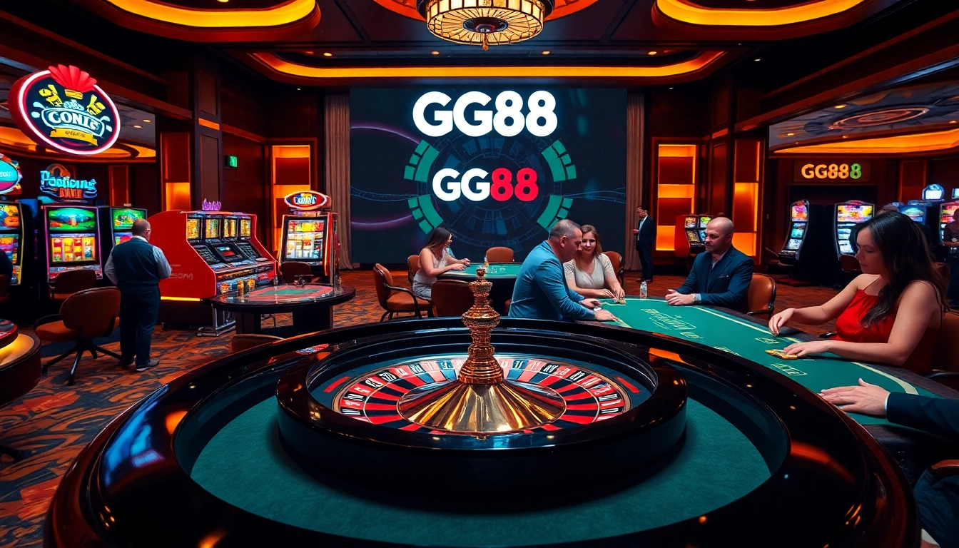 Players enjoying a thrilling game at GG88 casino with vibrant tables and slot machines.