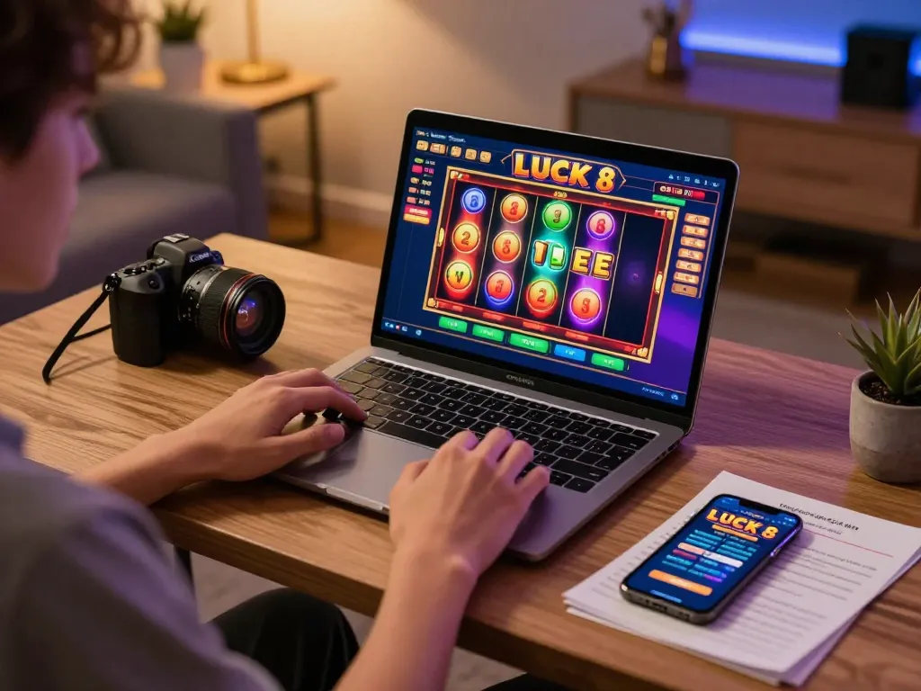Player enjoying LUCK 8 casino slots on a laptop in a cozy home office setting, live gaming excitement captured.