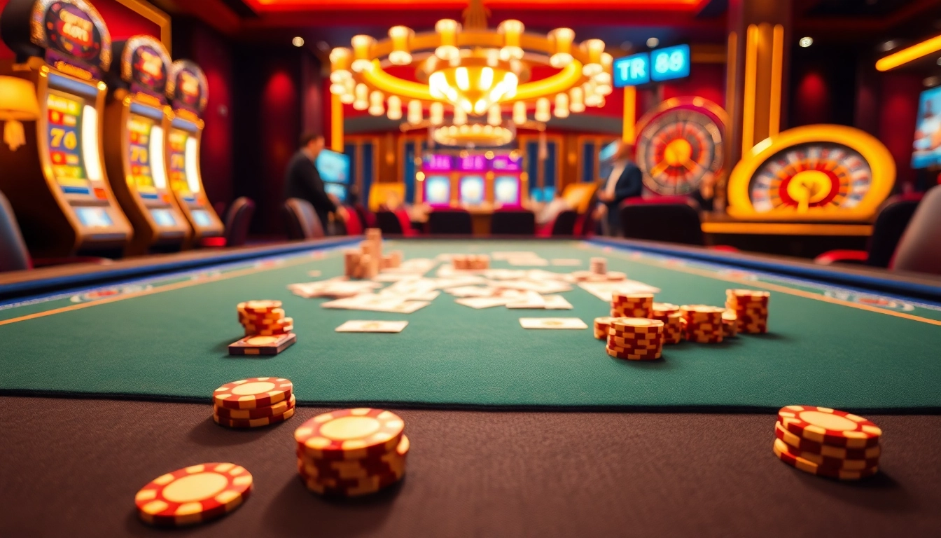 Players enjoying high-stakes poker at TR88 casino, vibrant chips and cards creating excitement.